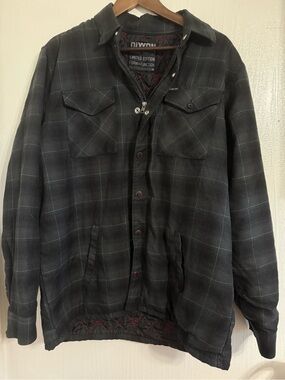 Dixxon Flannel Quilted Lined Shirt Jacket Mens Large Black Plaid Shacket Snap